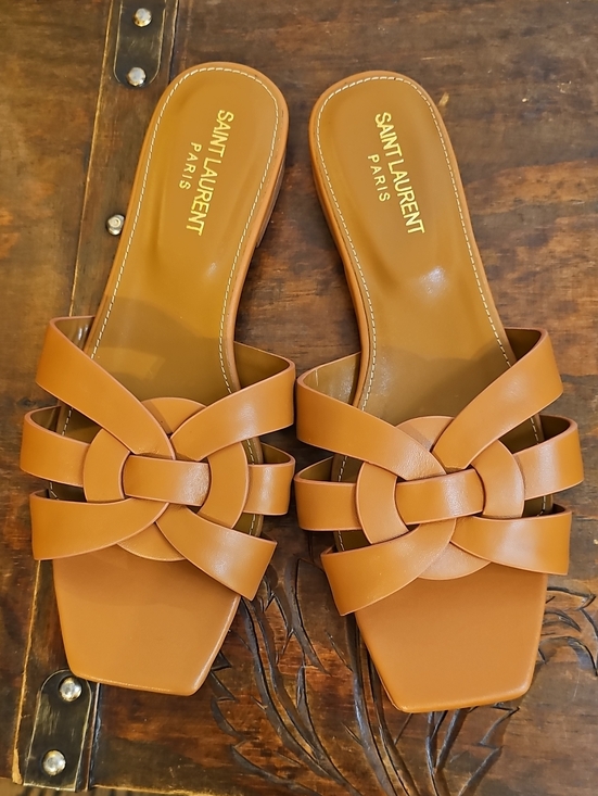 Luxury Designer Shoes - Cognac Leather Knot Tribute Slide Sandals